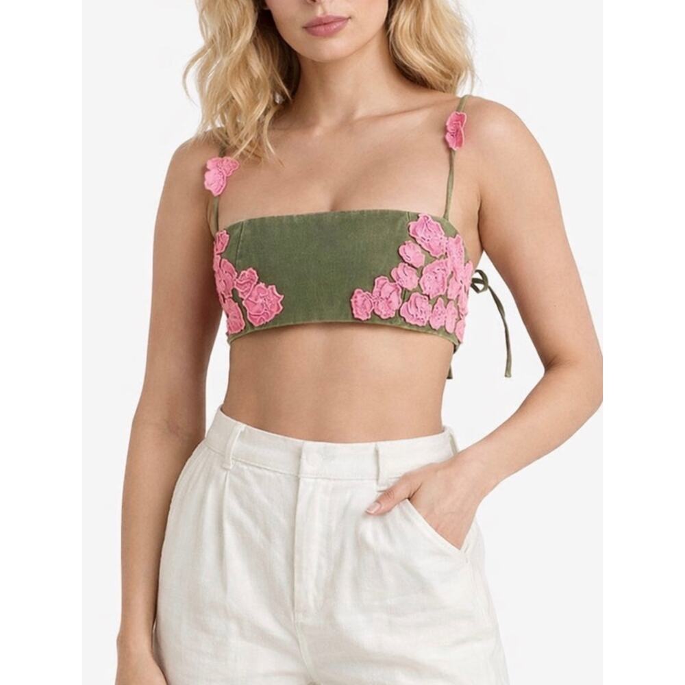 Agua by Agua Bendita Pensamiento Botanico Rosa Crop Top Olive Green Size M NWT